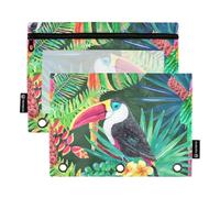 famyily Tropical Parrot Black Pencil case with Clear Window Zippered Pencil Bag Clear Window & Grommets Pocket folders for 3 for Storing School Students Teacher Supplies Multicolored 2 PCS