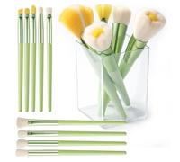 Fan Highlight Makeup Brush Set, 14pcs Real Techniques Professional Daisy Flower Cute Green Makeup Brush Brushes Set of Powder Blush Eye Shadow Nail Sunscreen Brush with Case for Girls Women