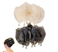 Fan Tassel Hair Claw Clip, Mesh Black Tulle Hair Claw Clip, Glitter Bow Hair Accessory for Women (Beige+Black)