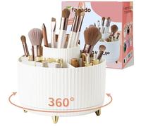 Fanado 360 Rotate Makeup Brush Holder Organizer, Modern and Stylish Makeup Organizers Countertop, 5 Compartment Skincare Storage for Vanity, Desktop, Bathroom (White)