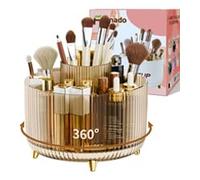 fanado 360° Rotating Makeup Organiser, Makeup Brush Holder, 5 Compartment Makeup and Skincare Storage for Vanity, Desktop, Bathroom (Clear Amber)