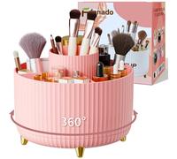 fanado 360° Rotating Makeup Organiser, Makeup Brush Holder, 5 Compartment Makeup and Skincare Storage for Vanity, Desktop, Bathroom (Pink)