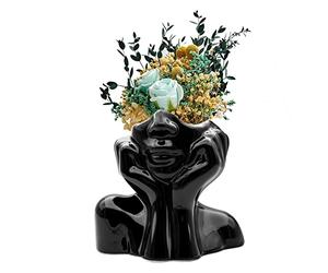 Fanatao Black Female Form Face vase, Ceramic Home Decor Art, Unique Modern Decorative Vase for Tabletop, 5.11" H