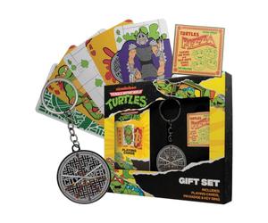 FaNaTtik Teenage Mutant Ninja Turtles Cowabunga Gift Set - Official TMNT Merchandise with Pizza Keyring, Pin Badge & Playing Cards - Retro Collectible Gifts for Fans & Gamers