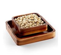FANATU Wood Pistachio Snack Bowl with Shell Storage, Double Dish Holder Nut Bowl Pedestal for Sunflower Seed, Peanut, Cherries, Edamame (Brown)