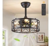 Fanbulous 16in Black Fandelier Ceiling Fans with Lights and Remote, Caged Enclosed Farmhouse Ceiling Fan with 6 Speeds and Timing, Small Bladeless Chandelier Fan Lights Ceiling Fixtures-Black