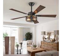 Fanbulous Farmhouse Caged Ceiling Fans with Lights and Remote, 48 Inch Black Ceiling Fans for Living Room Kitchen 6 Reversible Silent DC Motor