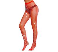FANCAME Women’s Sparkly Fishnet Tights Shiny Mesh Pantyhose Rhinestone Glitter Party Fishnet Stockings (Plus Size, Red), Red, X-Large-3X-Large