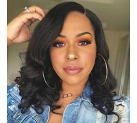 FANCEE Short Curly Wavy Wigs Glueless Loose Wave Large Curly Women Wig Side Part Shoulder Length Synthetic Bob Wig for Black Women (Black, 16 Inch)