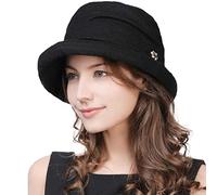 Fancet Womens Bucket Hat Cloche Derby Hat Winter 1920s Vintage Fedora Bowler Soft Countries Walking Hat Black Large