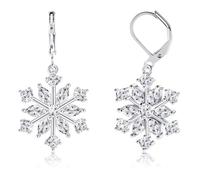 FANCH Snowflake Earrings Silver for Women 18K White Gold Plated Leverback Dangle Christmas Snowflake Earrings High Polished Silver Dangle Drop Earrings