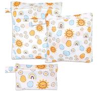 FanChose 3 Pcs Baby Wet Dry Cloth Diaper Bag, Reusable Diaper Wet Bag, Washable Diaper Nappy Bags Waterproof Travel Carry Bag, Foldable Portable Nappy Pouch, Rainbow Sun