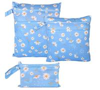 FanChose 3 Pcs Baby Wet Dry Cloth Diaper Bag, Reusable Diaper Wet Bag, Washable Diaper Nappy Bags Waterproof Travel Carry Bag, Foldable Portable Nappy Pouch, Blue Daisy