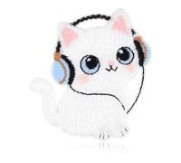 FANCIBAND 2.5inch Listening to Music Cat Patch - Cute Cartoon Meme Embroidered Patches for Clothes - Stick On & Sew On Patches for Clothing, Jackets, Backpacks, Jeans, Phone Case DIY Craft - White