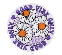 FANCIBAND Good Vibes Only Iron On Patch - Daisy Flower Purple Checkered Embroidered Applique | Round Heat Seal Patch for Jeans, Jackets, Bags & Hats | Cute Positive Aesthetic Gifts