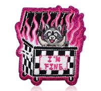 FANCIBAND I'm Fine Trash Can Fire Iron On Patch - Raccoon Dumpster Flame Embroidered Applique | Glitter Edge Heat Seal Patch for Jackets, Jeans, Bags & Hats | Funny Sarcastic Meme Gifts