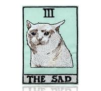 FANCIBAND The Sad Cat Meme III Iron On Patch - Cute Grumpy Kitty Tarot Embroidered Applique | Mint Green Heat Seal Patch for Jackets, Jeans & Bags | Funny Internet Humor Aesthetic Gifts