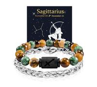 FANCIBAND Zodiac Bracelet for Men Women, 2pcs Stainless Steel Chain Bracelet and 8mm Natural Tiger Eye Stone Bead Bracelets with Zodiac Stone Black Star Sign Constellation Horoscope Bracelet Stretch