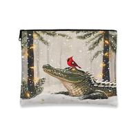 Fanciful Alligator Makeup Bag, Festive Cardinal Cosmetic Travel Pouch for Women, Portable Canvas Zipper Organizer, Winter Holiday Toiletry Bag 7x9 Inch