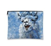 Fanciful Alpaca Makeup Bag, Blue Floral Cosmetic Travel Pouch for Women, Portable Small Canvas Zipper Organizer, for Festivals, Blue, 7x9 Inch