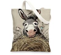 Fanciful Animal Canvas Tote Bags, Vintage Donkey Design Reusable Grocery Bags, Lightweight Washable Shoulder Strap Canvas B, Beige, 13x15 Inch