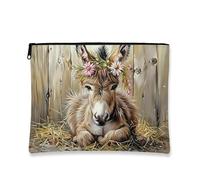 Fanciful Animal Makeup Bag, Cute Donkey Floral Cosmetic Travel Pouch for Women, Portable Small Canvas Zipper Organizer, Spring Festival Gift Toiletry Bag, Brown, 7x9 Inch, Animal