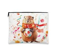 Fanciful Animal Makeup Bag, Cute Otter Print Cosmetic Pouch for Women, Portable Canvas Zipper Organizer, Holiday Travel Toiletry Bag, White, 7x9 Inch