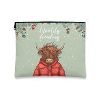 Fanciful Animal Makeup Bag, Festive Highland Cow Cosmetic Travel Pouch for Women, Portable Small Zipper Organizer, Winter Holiday Toiletry Bag, Green, 7x9 Inch, Animal