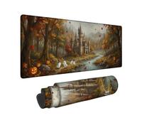 Fanciful Autumn Castle Landscape Halloween Large Mouse Pad 12x32 Inch | Autumn Landscape, Desk Mat, Fanciful Ghost Characters, Gothic Architecture, Seasonal Forest, Extended Workspace Coverage
