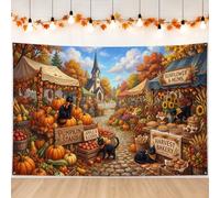Fanciful Autumn Harvest Market Scene Pumpkins Backdrop Banner 83x59 Inch | Cat Illustrations, Photography Backdrop, Harvest Festival Theme, Cozy Village Market Scene, Rustic Autumn Foliage