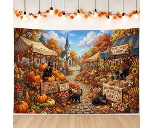 Fanciful Autumn Harvest Market Scene Pumpkins Backdrop Banner 83x59 Inch | Cat Illustrations, Photography Backdrop, Harvest Festival Theme, Cozy Village Market Scene, Rustic Autumn Foliage