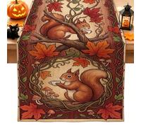 Fanciful Autumn Squirrel Tea Theme Table Runner 13x72 Inch | Maple Leaves, Console Table Runner, Woodland Theme, Seasonal Dining Decor, Rustic Farmhouse Aesthetic, Cozy Tea Time Motif
