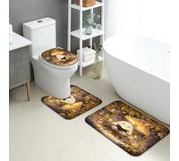 Fanciful Bathroom Mat Sets 3 Piece, Cute Mushroom and Flower Design Absorbent Non Slip Toilet Rugs U Shaped Washable, Autumn Cozy Quick Dry Flannel Bathroom Rug Set