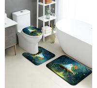 Fanciful Bathroom Mat Sets 3 Piece, Enchanted Forest Ghosts Floral Absorbent Non Slip Toilet Rugs U Shaped Washable, Magical Quick Dry Flannel Bathroom Rug Set