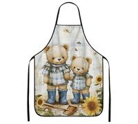 Fanciful Bear Aprons for Cooking, Cute Teddy Bears in Blue Checkered Shirts Kitchen Apron, Spring Garden Floral Design Wash, Blue, 24x31 Inch