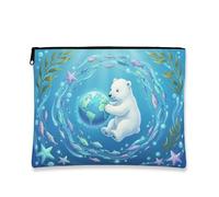Fanciful Bear Makeup Bag, Cute Polar Animal Cosmetic Travel Pouch for Women, Portable Small Canvas Zipper Organizer, Ocean Theme Skincare Toiletry Bag, Blue, 7x9 Inch, Bear