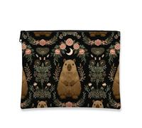 Fanciful Bear Makeup Bag, Forest Animal Floral Cosmetic Travel Pouch for Women, Portable Small Canvas Zipper Pouch, Nature Themed Gift Toiletry Bag Organizer, black, 7x9 Inch