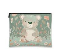 Fanciful Bear Makeup Pouch, Floral Pattern Cosmetic Bag for Kids, Cute Portable Travel Organizer, Spring Gift for Girls, Green, 7x9 Inch, Bear