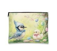 Fanciful Bird Makeup Bag, Blue Jay and Chick Cosmetic Travel Pouch for Women, Portable Canvas Zipper Organizer, Spring Easter Toiletry Bag 7x9 Inch