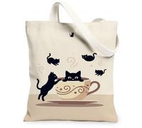 Fanciful Black Cats Teacup Illustration Canvas Tote Bag 13x15 Inch | Fanciful feline illustration, Cozy coffee shop aesthetic, Artistic Minimalistic design, Versatile everyday accessory