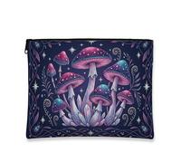 Fanciful Bohemian Makeup Bag, Colorful Mushrooms Cosmic Cosmetic Travel Pouch for Women, Portable Canvas Zipper Organizer, Nighttime Skincare Toiletry Bag, Violet, 7x9 Inch, Mushrooms