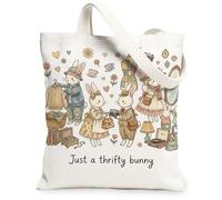 Fanciful Bunny Canvas Tote Bags, Cute Rabbit Print Reusable Grocery Bags, Spring Floral Lightweight Washable Shoulder for T, White, 13x15 Inch