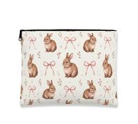 Fanciful Bunny Makeup Bag, Cute Rabbit and Bow Cosmetic Travel Pouch for Women, Portable Canvas Zipper Organizer, Spring Gift for Easter, Beige, 7x9 Inch, Bunny