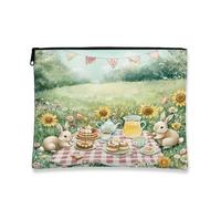 Fanciful Bunny Makeup Bag, Vintage Picnic Floral Cosmetic Pouch for Women, Portable Canvas Zipper Organizer, Spring Travel Toiletry Bag 7x9 Inch
