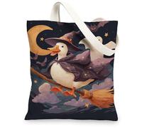 Fanciful Canvas Tote Bags, Cute Duck and Moon Pattern Reusable Shopping Bags, Playful Magical Lightweight Washable Shoulder Strap Canvas for Everyday Use 13x15 Inch