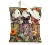 Fanciful Canvas Tote Bags, Cute Floral Ghost Design Reusable Bags, Vintage Lightweight Washable Shoulder Strap Canvas for Gym Outdoor Travel Picnic 13x15 Inch