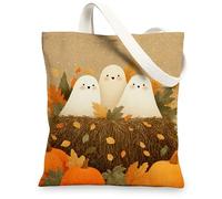 Fanciful Canvas Tote Bags, Cute Ghosts and Pumpkins Pattern Reusable Grocery Bags, Lightweight Washable Shoulder Strap Canv, Orange, 13x15 Inch