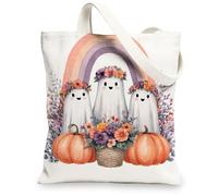 Fanciful Canvas Tote Bags, Cute Ghosts Floral Pattern Reusable Grocery Bags, Lightweight Washable Shoulder Strap Canvas Bags for Gym Outdoor Travel Beach Picnic 13x15 Inch