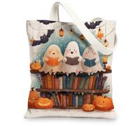 Fanciful Canvas Tote Bags, Cute Ghosts Pattern Reusable Grocery Bags, Lightweight Washable Shoulder Strap Canvas Bags for Gym Outdoor Travel Halloween 13x15 Inch