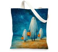 Fanciful Canvas Tote Bags, Cute Ghosts Pattern Reusable Grocery Bags, Lightweight Washable Shoulder Strap Canvas for Shopping Travel Beach 13x15 Inch